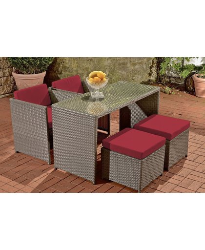 Clp poly-rotan Wicker balkon/tuinset TAHITI (2 zetels + 2 hockers + tafel 130x60 cm), incl. kussens - kleur rotan : grijs, overtrek: robijnrood