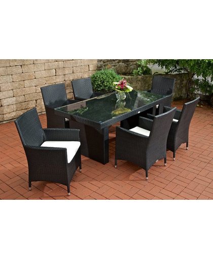Clp Wicker Poly rotan/rattan tuinset AVIGNON,  6x stoel + tafel 180 x 90 cm - kleur wicker zwart kleur overtrek gebroken wit