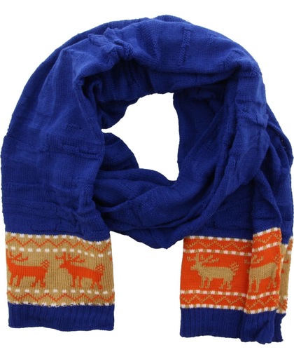 Fijn gebreide blauwe shawl met aan de onderkanten een strook beige met oranje waar rendieren op staan.