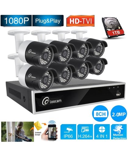 Loocam 8CH CCTV Camerasysteem 8 Beveilingscamera's 1080P HD-TVI Buiten Bullet Camera's + DVR met 1TB HDD