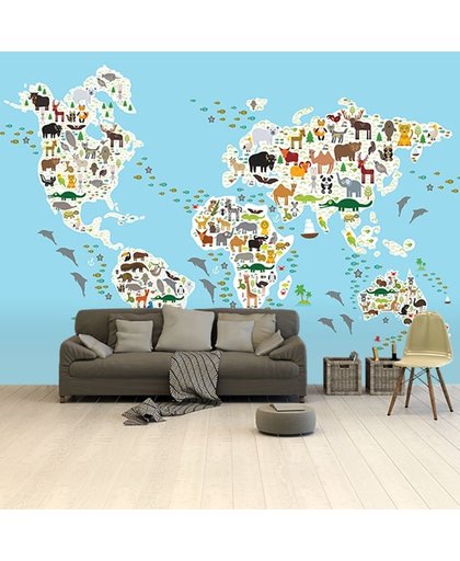 Wereldkaart Ons dierenrijk - 2 265x400 cm vinyl behang