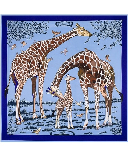 Sjaal Dames - Zijde blend - 130*130CM - met giftbox - shawl - Print Giraffe blauw