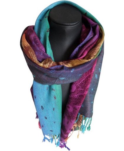 Mooie hippe sjaal van pashmina mix kleuren versierd met pauwen veren lengte 180 cm breedte 70 cm.