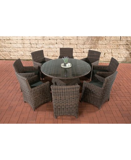 Clp poly-rotan Wicker zitgroep LARINO XL, 8 zetels + tafel rond Ø 150 cm, kussens, Premiumkwaliteit rond rotan van 5 mm - Rotan kleur gemêleerd bruin kleur hoes : antraciet
