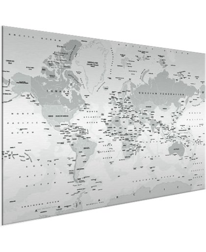 Wereldkaart realistisch grijstinten Aluminium 40x30 cm