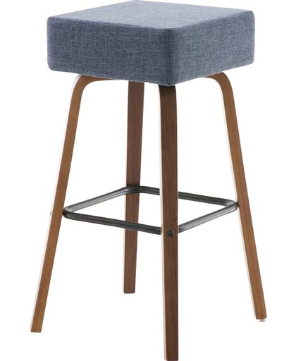 Clp Barkruk LUCA - barstoel met houten onderstel, dik zitkussen en voetsteun, leuningvrij, stof - blauw - onderstel walnoot