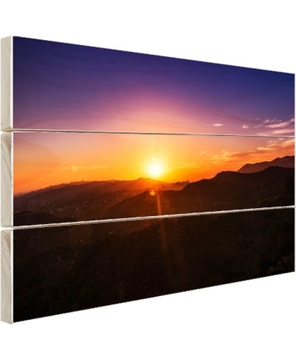 Zonsondergang over bergen Hout 120x80 cm - Foto print op Hout (Wanddecoratie)