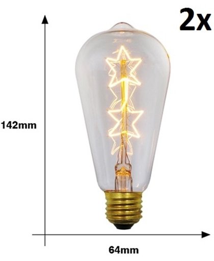2 stuks Edison kooldraad lamp, vintage retro gloeilamp, antiek filament bulb, E27, grote fitting, 40 Watt ST64, ster