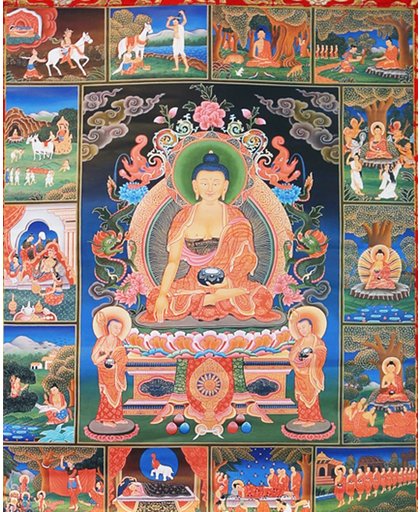 Thangka reproductie - Boeddha's levensverhaal - 100x60 cm - L