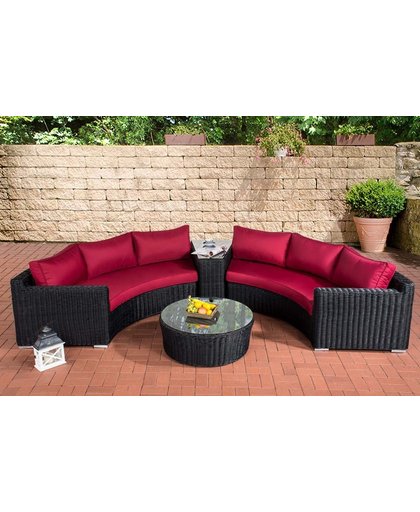 Clp Poly-Rotan Garden Lounge Set rond, BARBADOS, 2x 3-zitsbank, ronde glazen tafel Ø 80 cm, 6 zitplaatsen - 5 mm ronde rotan kleur : zwart, hoes : robijnrood