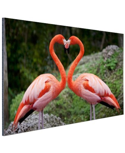Verliefde flamingos vormen hart Aluminium 120x80 cm - Foto print op Aluminium (metaal wanddecoratie)