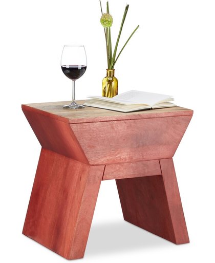 relaxdays bijzettafel kruk - 2 in 1 - mangohout - hocker - tafeltje - unieke tafel rood