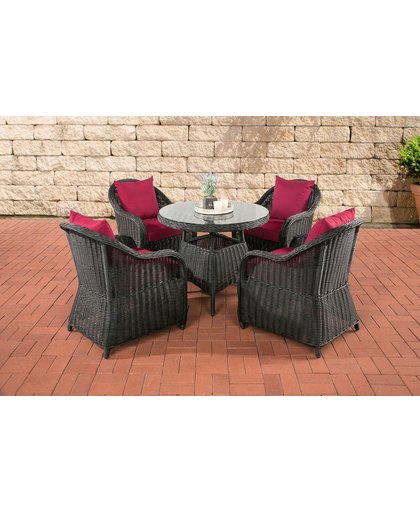 Clp poly-rotan Wicker tuin zitgroep FARSUND, 4 stoelen, 1 tafel rond Ø 90 cm, kussens - kleur van rotan zwart overtrek: robijnrood