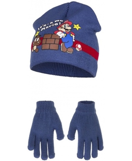 Blauwe Its Mario winterset voor kinderen 52 cm - Super Mario Muts en Handschoenen