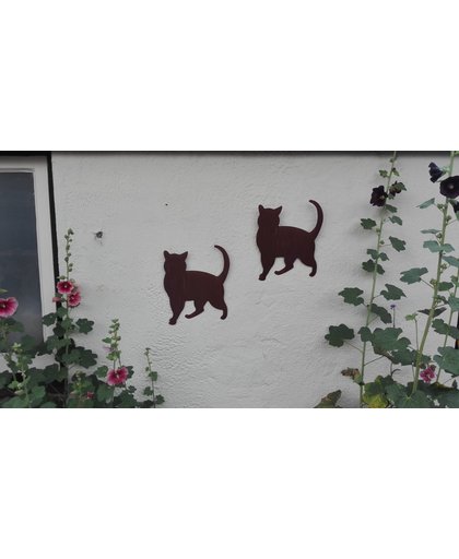 Tuindecoratie - wanddecoratie - muurdecoratie - dieren - metaal - silhouet kat  - katten - S/2 - roestkleur - 37 x 31 cm