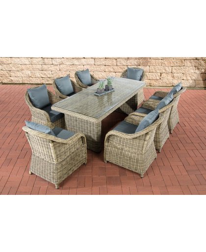 Clp Wicker Poly rotan tuinset LAVELLO XL, tafel 200 x 90 cm + 8 fauteuils incl. Kussens, rond polz rotan 5 mm - natur kleur hoes : ijzergrijs