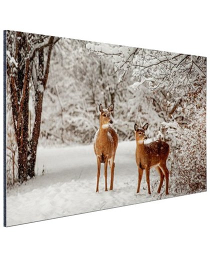 Herten in de sneeuw Aluminium 90x60 cm - Foto print op Aluminium (metaal wanddecoratie)