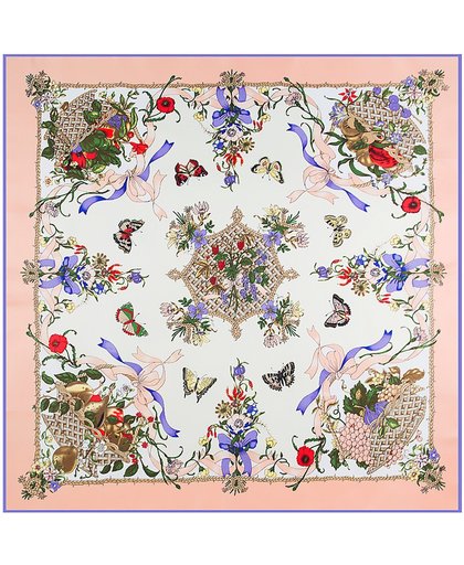 Zijde blend dames sjaal groot | 130*130CM | Verpakt in giftbox | Shawl Stola Omslagdoek | Emilie Scarves | Roze Bloemen Vlinders