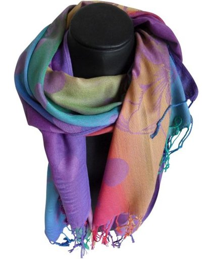Mooie hippe sjaal van pashmina mix kleuren bloemen en stippen lengte 180 cm breedte 70 cm.