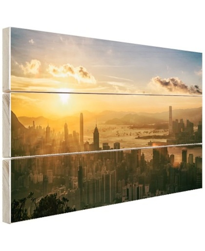 Hong Kong zonsondergang Hout 30x20 cm - Foto print op Hout (Wanddecoratie)
