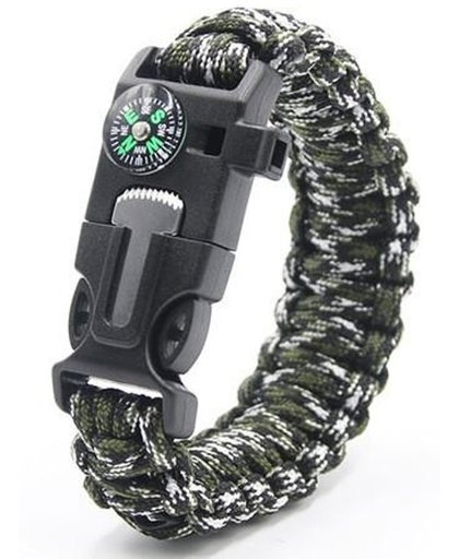 Suvival bracelet (legergroen + wit) - Outdoor armband met paracord, magnesium stick (firestarter), kompas en fluitje