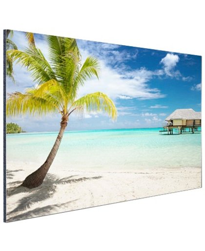 Palm en hutten op tropisch eiland Aluminium 30x20 cm - Foto print op Aluminium (metaal wanddecoratie)