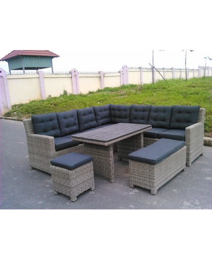 Loungeset DINING - rattan BROWN tafelblad in polywood