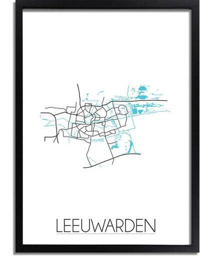 Plattegrond Leeuwarden Stadskaart poster DesignClaud - Wit - A4 + Fotolijst zwart