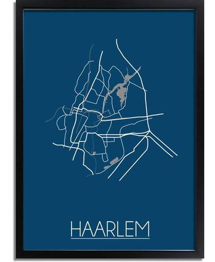 Plattegrond Haarlem Stadskaart poster DesignClaud - Blauw - A2 + fotolijst zwart
