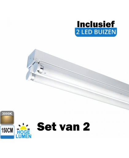 LED Buis armatuur 150cm - Dubbel | Inclusief Hoge Lumen LED buizen - 3000K - Warm wit (Set van 2 stuks)