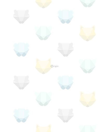 vlies mural origami dierenhoofden licht pastel mintgroen, licht pastel hemels blauw, lichte pastel geel, licht warm grijs en mat wit - 357208 van Origin - luxury wallcoverings uit Hide & Seek