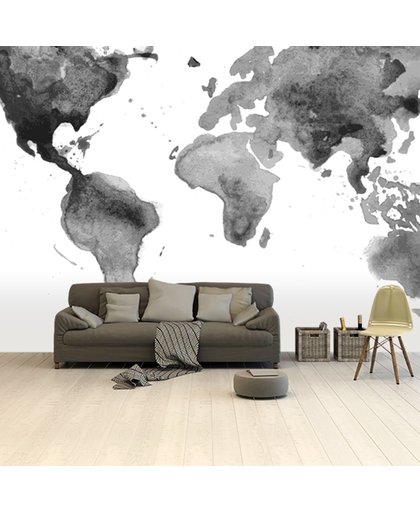 Wereldkaart Aquarel - zwart/wit 265x400 cm vinyl behang