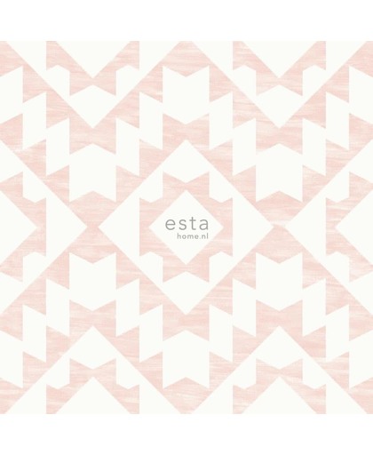 krijtverf eco texture vliesbehang aztec marrakech ibiza tapijt perzik roze en mat wit - 148675 van ESTAhome.nl