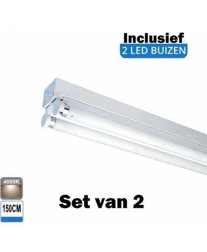 LED Buis armatuur 150cm - Dubbel | Inclusief LED buizen - 4000K- Koel Wit (Set van 2 stuks)