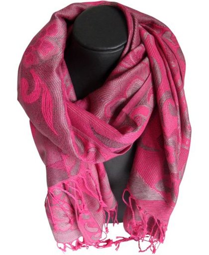 Mooie hippe sjaal van pashmina kleuren paars roze grijs figuren lengte 180 cm breedte 70 cm.