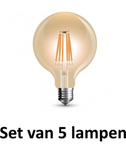 Dimbare LED kooldraadlamp Amber glas | ø = 95mm  L = 135mm | 2200K Warm Wit | E27 6W vervangt 50W | Set van 5 stuks
