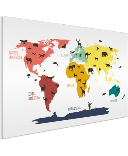 Wereldkaart dieren kleuren  Aluminium 80x60 cm