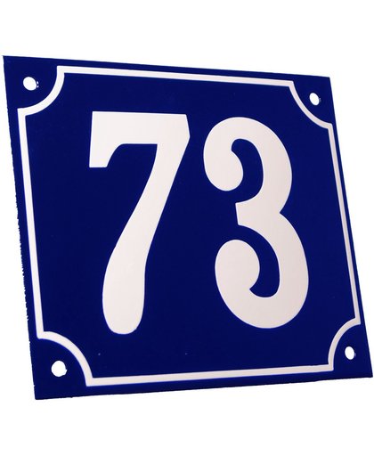 Emaille huisnummer blauw/wit groot nr. 73 18x15cm