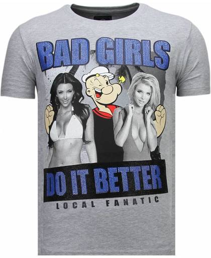 Local Fanatic Bad Girls Do It Better - Rhinestone T-shirt - Grijs - Maten: M
