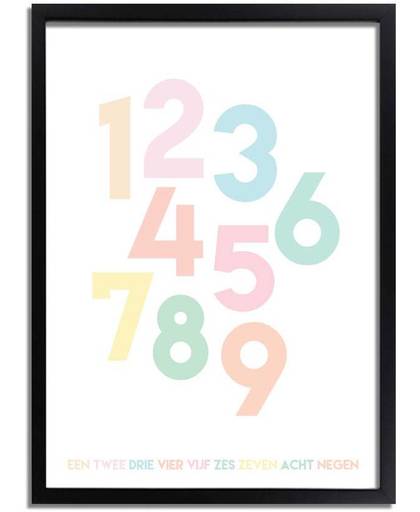 Kinderkamer poster Nummers DesignClaud - Pastel kleuren - A4 + Fotolijst zwart