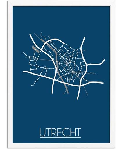 Plattegrond Utrecht Stadskaart poster DesignClaud - Blauw - A4 + fotolijst wit
