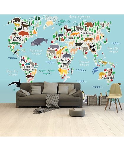 Wereldkaart Ons dierenrijk 265x400 cm vinyl behang