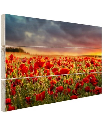 Klaprozen veld bij zonsondergang Hout 120x80 cm - Foto print op Hout (Wanddecoratie)
