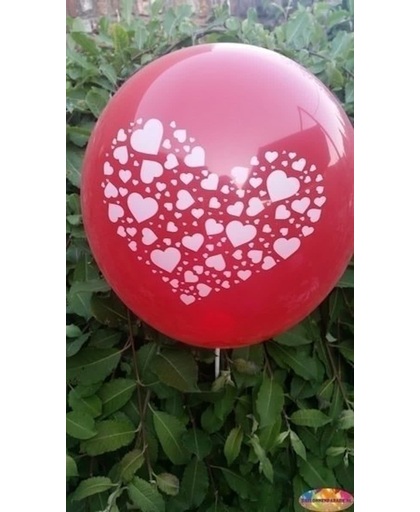 Rode ballon met witte hartjes in groot hart 30 cm hoge kwaliteit MET LOS LEDLAMPJE VOOR IN BALLON