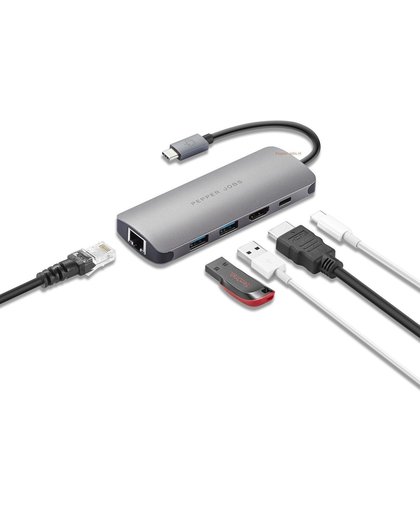 Pepper Jobs USB C 3.1 Hub met Gigabit Ethernet,2 USB 3.0 Port,HDMI Port,And PD Port,Type C Charging Hub voor 2016 2017 MacBook Pro 13 15, MacBook 12, Dell XPS, Google Pixel C kleur grijs