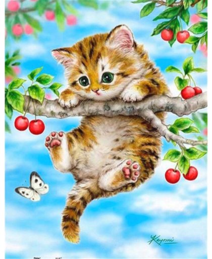 Diamond Painting - Kitten hangend aan een tak - 25x30 cm - Volledig - SEOS Shop ®