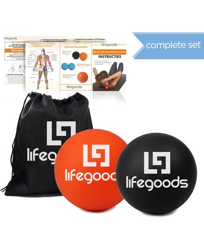 LifeGoods Massage Ballen Complete Set - Trigger Point Ball – Fascia Lacrosse Ballen - Hard - Zwart/Oranje - Met Instructies - Voor Zelfmassage