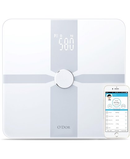 O'dor® Bluetooth Elegante Personenweegschaal met iOS en Android Smart App - Digitale Lichaamsanalyse Weegschaal - Meet Gewicht, Lichaamsvet, Spiermassa, BMI, Botmassa en Vetpercentage - Wit -Inclusief Batterijen