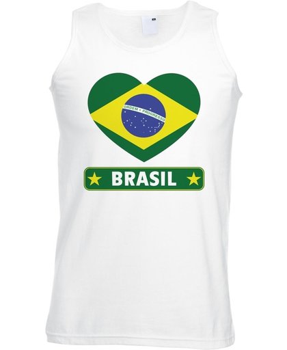 Brazilie singlet shirt/ tanktop met Braziliaanse vlag in hart wit heren S