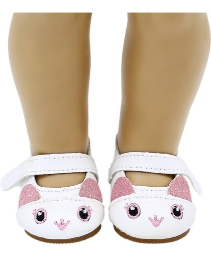 Konijn Schoentjes voor Baby born - Witte schoenen met roze neusje, ogen en glitter oortjes - Poppenschoentjes 7 cm